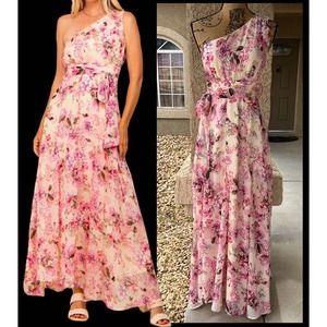 PinkBlush Fuchsia Floral Chiffon One Shoulder Maxi Dress Size S